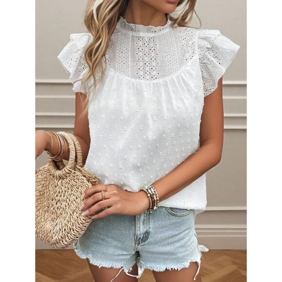 Everyday the Label Eyelet Swiss Dot Cap Sleeve Blouse Women White Blouses & - Picture 6 of 7